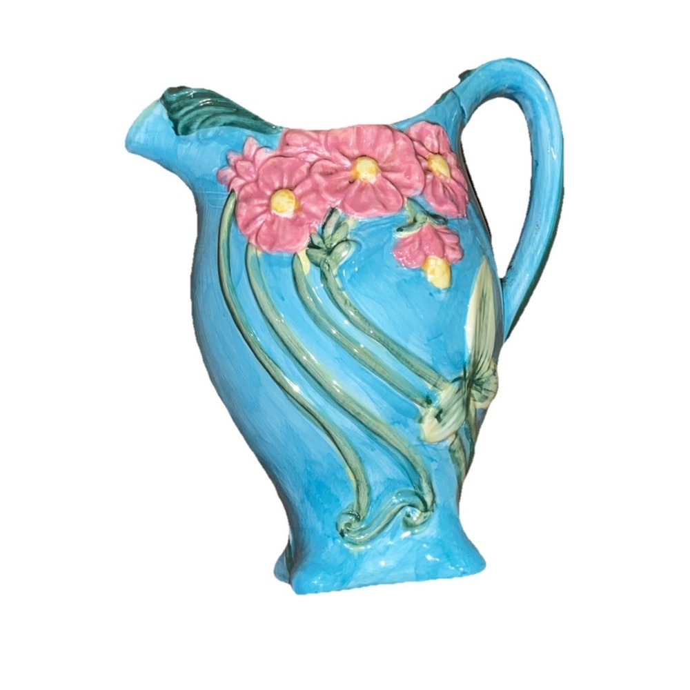 Pottery Pitcher Ewer Vase Pastel Blue Pink Majolica Floral Flowers 9.5"x 8" x5"‎